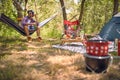 man have good time on camping trip-camping, tourism and travel concept