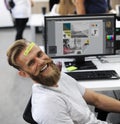 Man Having Be Happy Sticky Note on Forehead Durin Office Break Time