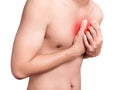 Man having chest pain, heart attack. red color highlight breast Royalty Free Stock Photo