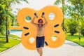 Man having fun at water park. Royalty Free Stock Photo