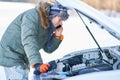 Man having problem with car during snowy winter Royalty Free Stock Photo