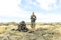 Man at the Hawaii Volcano National Park, Pu u Loa petroglyphs, amazing walk into the past. Royalty Free Stock Photo