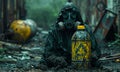 A man in a hazmat suit is holding a yellow container. The scene is set in a dirty, abandoned area Royalty Free Stock Photo