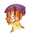 Man head silhouette with city buildings and bicycle rider, vector paper cut illustration. City eco transport poster. Royalty Free Stock Photo