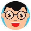 Man head with dollars in eyes. Greed person avatar Royalty Free Stock Photo