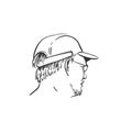 Man head drawing, Portrait of unshaven man wearing cap and eye glasses, looking away, Vector sketch, Hand drawn illustration Royalty Free Stock Photo