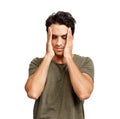 Man, head and embarrassed shame in studio or white background, mockup space or frustrated. Male person, model and