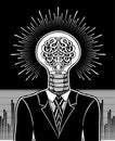 Man with head in form of light bulb and brain. Surrealistic Concept of idea generator