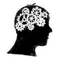 Man head with gear technology, idea creativity thinking concept mind brain problems. Black white monocrome ink sketch
