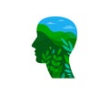 Man head with green landscape, nature, mountains and trees. Environment, ecology, Earth day concept design. Banner Royalty Free Stock Photo