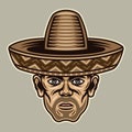 Man head in sombrero hat with bristle. Vector character illustration in colored cartoon style on light background Royalty Free Stock Photo