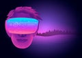 A man head use VR virtual reality goggle and background of metaverse virtual world.Metaverse Technology concept.