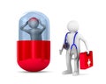 Man with headache in capsule on white background. Isolated 3D il