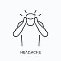 Man with headache line icon. Vector outline illustration of suffering human with hands on head . Sick person with