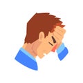 Man with a headache, migraine, health problems, sick unhappy man character, side view vector Illustration