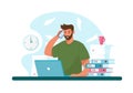 Man with headphone and computer, call center, customer service and support. Flat vector illustration concept of distance Royalty Free Stock Photo