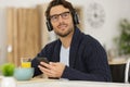 man in headphones communicate via phone Royalty Free Stock Photo