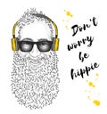 Man in headphones. Hipster painted by hand. Vector illustration