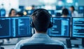 Man with headphones intently working on a computer surrounded by multiple screens in office. Royalty Free Stock Photo