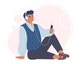 Man in headphones listening to audio program, music, audiobook on smartphone, flat vector illustration. Radio podcast.