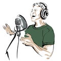 A man in headphones sings into a professional microphone