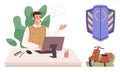 Customer service representative at desk with computer, shield icon for security, and scooter for delivery Royalty Free Stock Photo