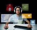 Man in headset computer over virtual media screens