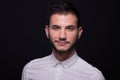 Man headshot face head portrait white shirt smirking closeup