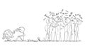 Man Is Hearing Singing Bird While Crowd Is Chattering and Ignoring the Nature, Vector Cartoon Stick Figure Illustration