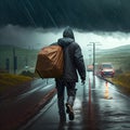 Man with a heavy bag on his back walking on a rainy road Generative AI
