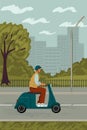 Man in helmet driving scooter on a city street. Urban transport concept vector poster. City delivery. Royalty Free Stock Photo