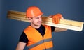 Man in helmet, hard hat and protective gloves holds wooden beam, grey background. Carpenter, woodworker, labourer