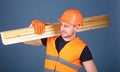 Man in helmet, hard hat and protective gloves holds wooden beam, grey background. Carpenter, woodworker, labourer