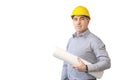 A man in a helmet holds with a roll of paper. Royalty Free Stock Photo