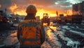 Man in helmet and orange vest is standing on the background of construction site at sunset Royalty Free Stock Photo