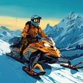 man in a helmet rides a snowmobile in deep snow. Extreme sports adventure, outdoor activity during winter holidays in ski resort