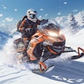man in a helmet rides a snowmobile in deep snow. Extreme sports adventure, outdoor activity during winter holidays in ski resort
