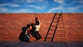 Man helped to climb a wall