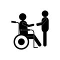 Man helping other on wheelchair silhouette style icon vector design