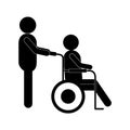 Man helping other on wheelchair silhouette style icon vector design