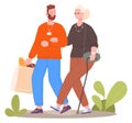 Man helping senior woman with shopping. Volunteer carrying groceries bag Royalty Free Stock Photo