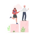 Man Helping Woman to Climb up on Column of Columns, Moving up Motivation, Teamleader Business Concept Cartoon Vector