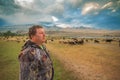 A man and a herd of goats and sheep Royalty Free Stock Photo