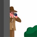 Man hide behind walls while using camera to take picture. spy, detective or paparazzi symbol cartoon illustrationvector