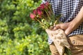 Man hiding red roses on his bak for a gift or valentines surprise outdoor. Valentines day love beautiful.