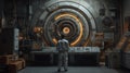 Man in high-tech laboratory controls advanced futuristic machine with glowing circular portal and multiple screens