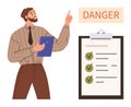 Man Highlighting Safety Checklist and Pointing Towards Danger Warning Sign Royalty Free Stock Photo