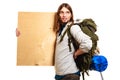 Man hiker backpacker with blank wood copy space ad