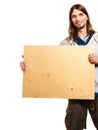 Man hiker backpacker with blank wood copy space ad