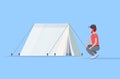 Man hiker camper installing a tent preparing for camping hiking concept traveler on hike horizontal male cartoon